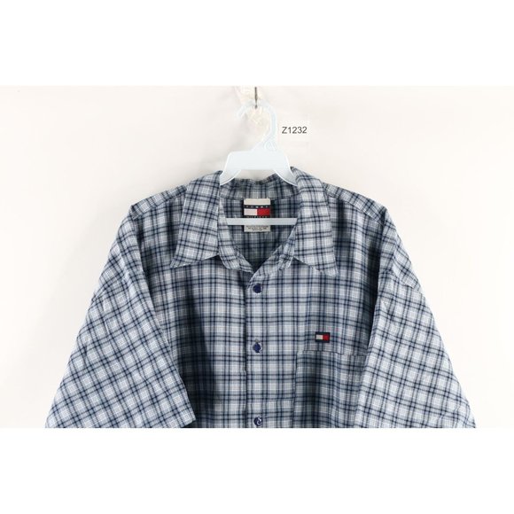 Vintage 90s Tommy Hilfiger Mens XL Checkered Plaid Collared Camp Button Shirt - Picture 2 of 9